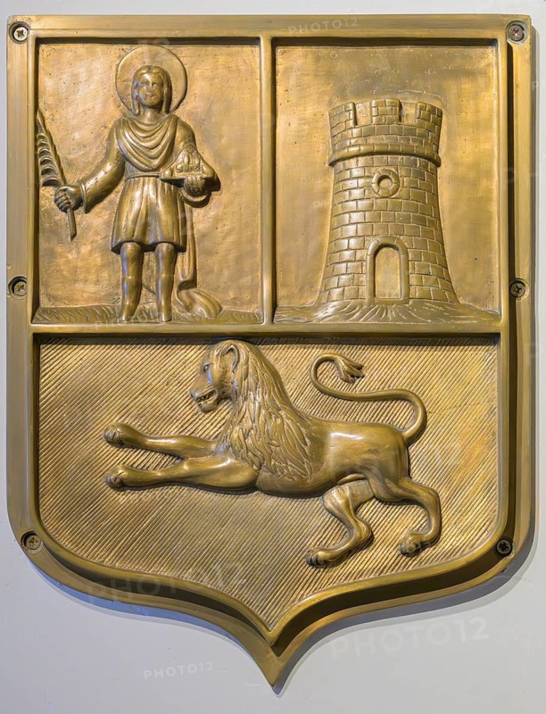 The Coat of Arms of Kotor, displayed in the Maritime Museum in Kotor, Montenegro. It depicts St. Tryphon, a tower and a lion