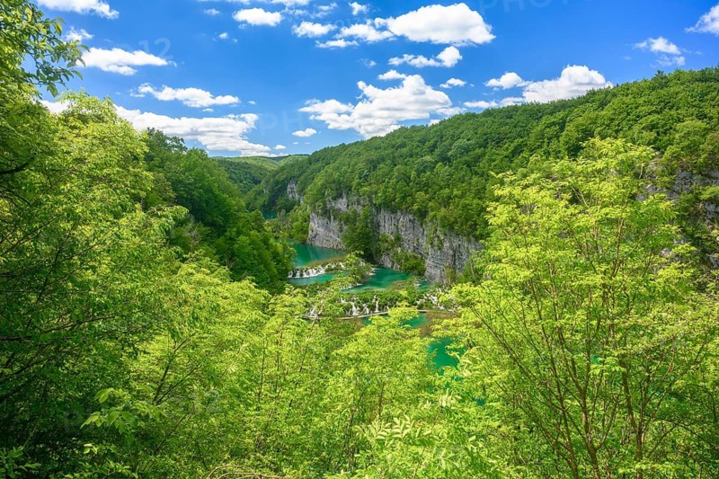 A high view of the Milka Trnina Cascades at Plitvice Lakes National Park, Croatia
