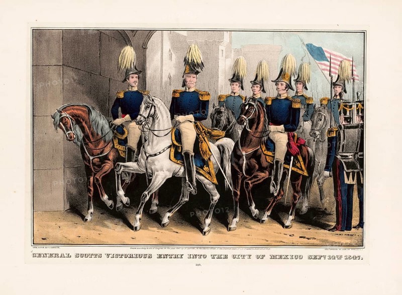 General Winfield Scott in military uniform with a distinctive plumed hat on horseback. The Battle of Cerro Gordo took place on April 18, 1847 and was an important victory for US forces under Scott on the advance to Mexico City, September 14, 1847, American history, authentic, digitally restored reproduction in high resolution from a 19th-century original, exact date of presentation unknown, historical
