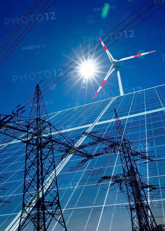 Composing from wind turbine, solar panels and high voltage pylon with power line