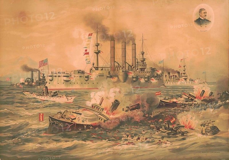 Destruction of the Spanish fleet under Admiral Pascual Cervera by the US Navy in the naval battle off Santiago de Cuba during the Spanish-American War. Naval Battle of Santiago de Cuba on July 3, 1898, which ended with a severe defeat and the destruction of the Spanish Caribbean Fleet. In the foreground, a burning Spanish warship is seen as castaways and swimmers rescue themselves in the water, American history, authentic, digitally restored reproduction in high resolution from a 19th century original, exact date of depiction unknown, historical