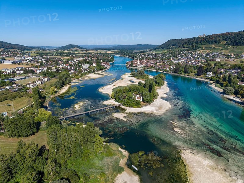 Aerial view of the Werd archipelago in the westernmost part of Lake Constance, historic low level on 13.08.2026, low tide, drought, massive silting on the shores of western Lake Constance, Untersee and Upper Rhine between Eschenz and Stein am Rhein, Canton of Thurgau, Switzerland