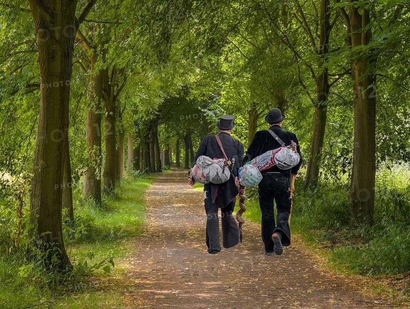 Hiking trail through the beech alley with two hiking craftsmen