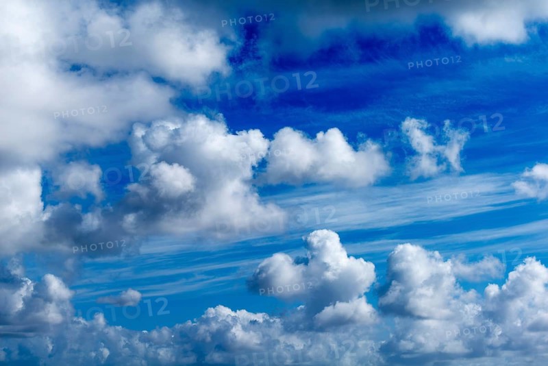 Fantastic blue sky with white clouds over the Schleswig-Holstein Wadden Sea National Park, North Frisia, cumulus (Cu) cumulus clouds, fair weather clouds, altostratus, cirrus, feather wakes, high pressure area, Schleswig-Holstein, Germany