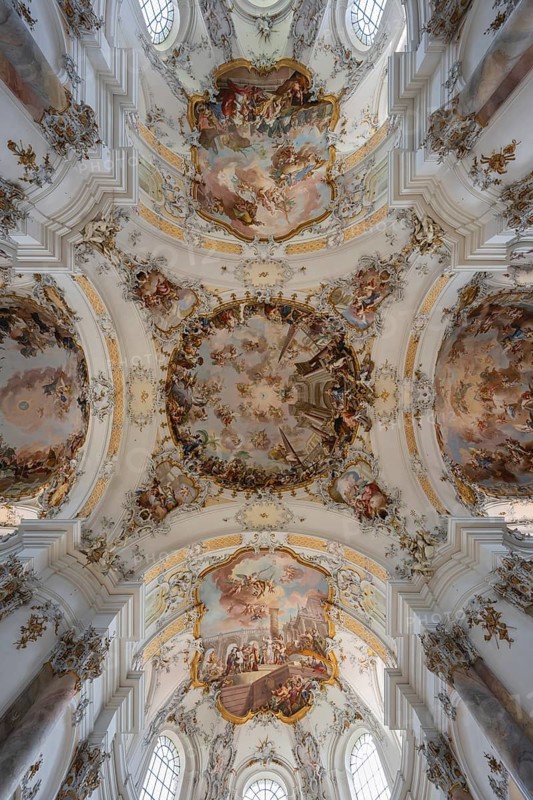 The magnificent Basilica of St. Alexander and St. Theodor in Ottobeuren impresses as a masterpiece of southern German Baroque with its opulent ceiling frescoes and detailed stucco decoration, Ottobeuren, Unterallgäu, Bavaria, Germany