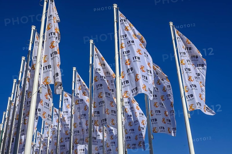 Flags in front of the ITB travel and tourism fair at the exhibition center, Messedamm, Charlottenburg-Wilmersdorf district, Berlin, Germany