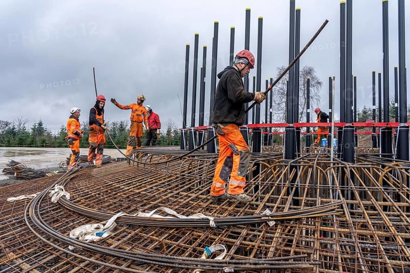 Assembly of reinforcing steel for the reinforced concrete foundation of a wind turbine, a mesh of rebar and rebar mesh, over 100 tons of reinforcing steel were used, the wind turbine will have a hub height of 160 meters, part of a new wind farm in Sauerland, near Balve, North Rhine-Westphalia, Germany