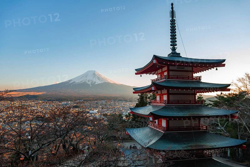 Five-story pagoda of a Shinto Shrine, Chureito Pagoda, with views of Fujiyoshida City and Mount Fuji volcano at sunset, Arakura Fuji Sengen Shrine, Arakurayama Sengen Park, Yamanashi Prefecture, Japan