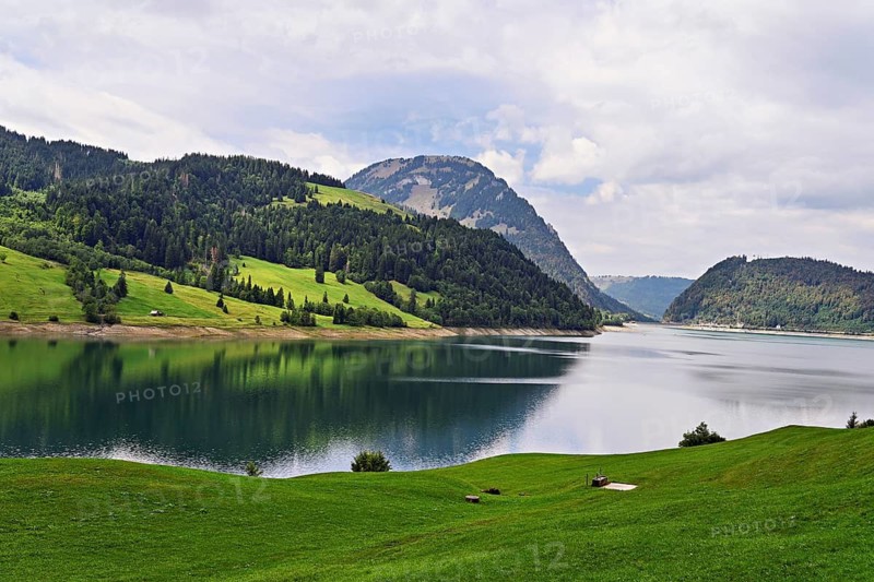 View of Lake Wägitalersee with Große Aubrig in the back, Innerthal, Canton of Schwyz, Switzerland
