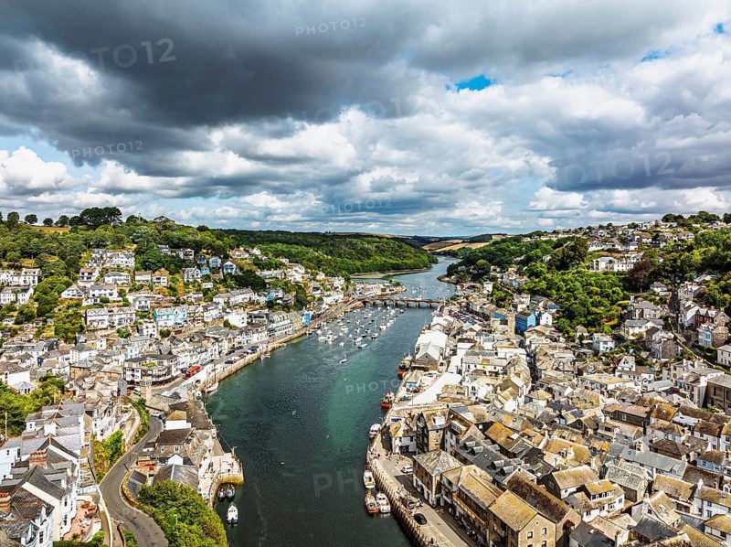 LOOE over River Looe from a drone, Cornwall, England, United Kingdom