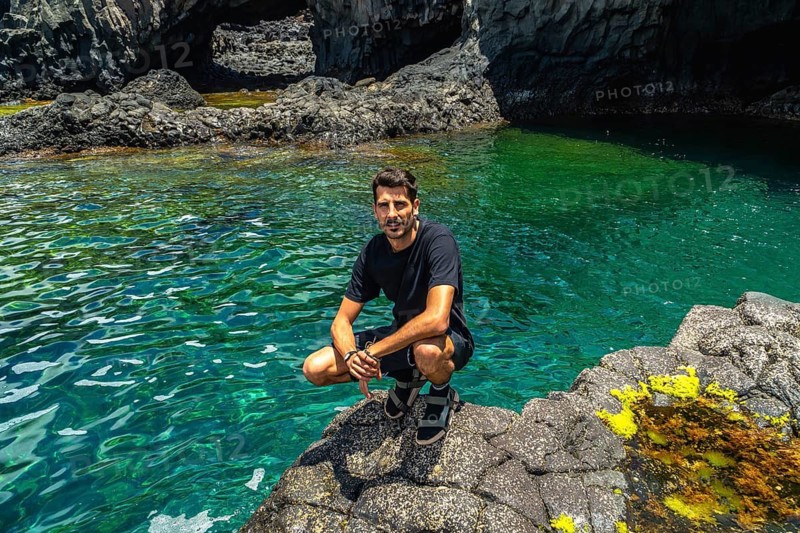 Man crouching on volcanic rock, enjoying a relaxed vacation day by the clear turquoise natural pools and dark sea caves of charco manso on el hierro island