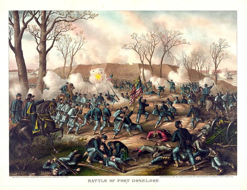 Lithograph of the Battle of Fort Donelson (12–16 February 1862) . The image depicts the decisive assault by Union troops on the Confederate fort in Tennessee, as well as the surrender and capture of General Simon B. Buckner and his army on 16 February, as noted at the bottom of the image. This chromolithograph is typical of the patriotic commemorative art of the late 19th century in the USA, which presented key battles of the American Civil War to the public in a dramatic and colourful manner. The capture of Fort Donelson was a significant spring victory for the Union Army under General Ulysses S. Grant, which enabled him to open up the way further west. American history, authentic, digitally restored reproduction of a 19th-century original, exact date of the depiction unknown, historical