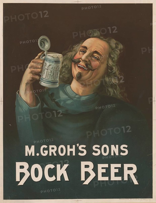 Advertising poster, beverage advertisement, advertising poster for M. Groh's Sons buck Beer from 1899. It shows a cheerful man with long, wavy hair and a mustache holding a beer mug. The brewery was located in New York City and was owned by the Groh family from 1883 to 1916, authentic reproduction of a historic advertising poster, advertising sign, in high resolution, historic