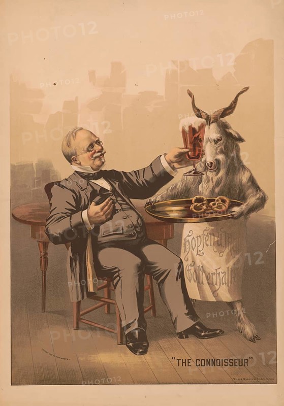 Advertising poster, beverage advertisement, advertising poster for bock beer from the period around 1880 to 1900. The motif shows a man in an armchair toasting with an anthropomorphic goat wearing an apron with the inscription Hops and Malt God preserve, authentic reproduction of a historical advertising poster, advertising sign, in high resolution, historical