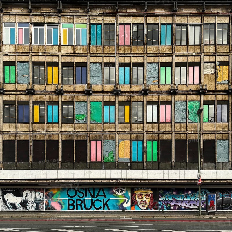 Artistically designed, dilapidated, former Galeria Kaufhof department store, eyesore in the city center, Osnabrück, Lower Saxony, Germany