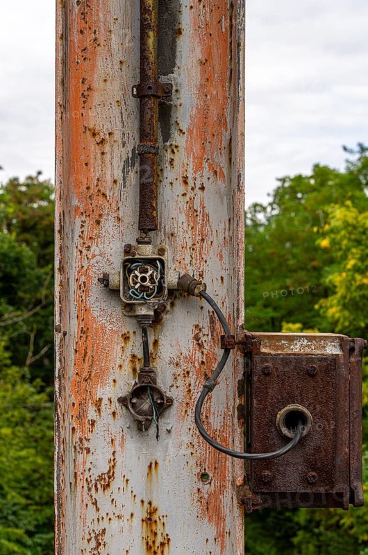 Old plastic switches on a steel column at the Historic Cable Car Diversion Station in the Rüdersdorf Museum Park near Berlin, Brandenburg, Germany