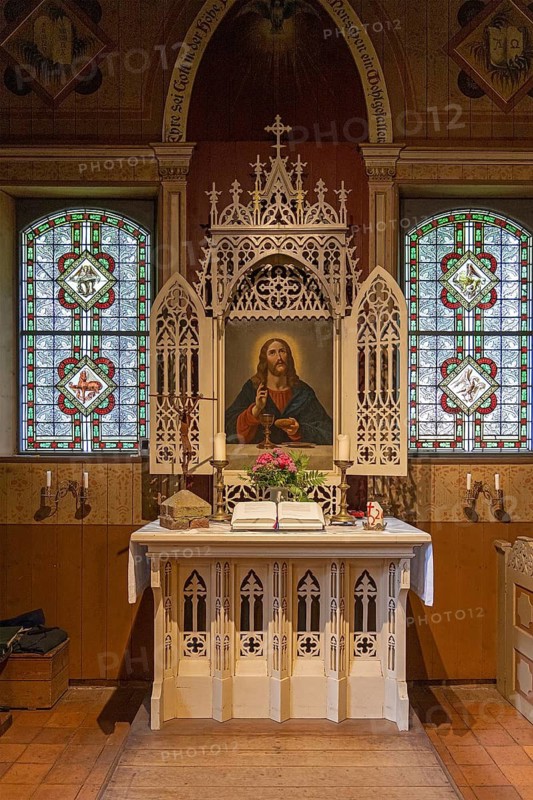 Interior view, altar, altarpiece, stained glass window, Old Island Church, Spiekeroog, East Frisia, Lower Saxony, Germany
