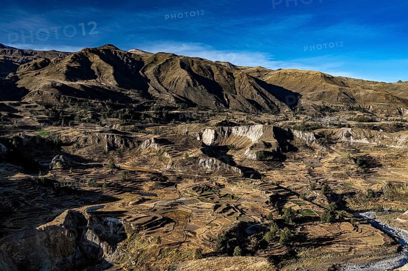 Mountain landscape with terraced fields in Colcacanon, Canon del Colca, Southern Peru, Andes, Peru, South America