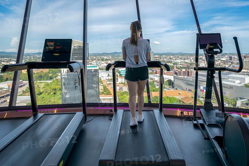 Hotel gym with panoramic views, Pattaya, Thailand