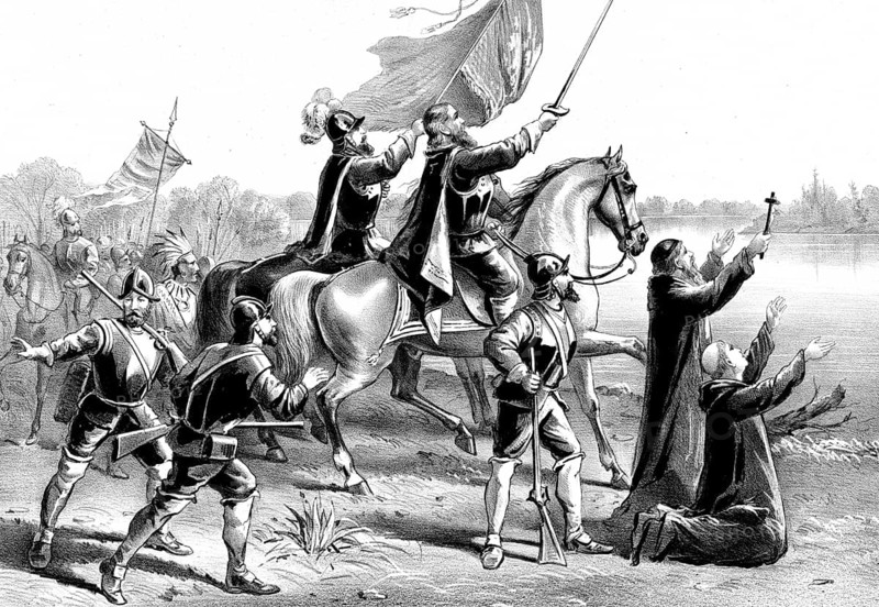 The discovery of the Mississippi River by the Spanish conquistador Hernando de Soto and his companions in May 1541, in the center, de Soto is depicted on a horse with a sword raised, while in the foreground and on the shore clergy raise a crucifix into the sky and his troops and accompanying natives reach the banks of the river, American history, authentic, digitally restored reproduction in high resolution from a template from the 19th century, exact date of presentation unknown, historical