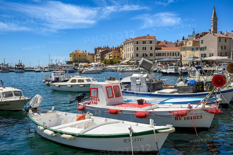 Fishing boats moored in the Rovinj harbour, Istria, Croatia