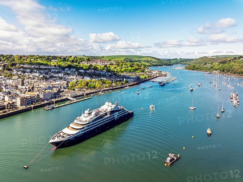 Le Bellot cruising ship on River Dart from a drone, Ponant Explorers, Dartmouth and Kingswear, River Dart, Devon, England, United Kingdom