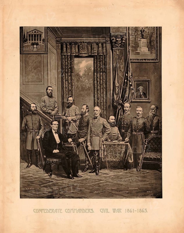 President Jefferson Davis in 1883, seated amongst prominent Confederate commanders during the American Civil War (1861–1865) . Those pictured include President Jefferson Davis and Generals Robert E. Lee, Stonewall Jackson, J.E.B. Stuart, James Longstreet, Joseph E. Johnston, Pierre G. T. Beauregard, A.P. Hill, John Bell Hood and Jubal Early. The image is one of the earliest known examples of a photomontage, originally created for promotional purposes for an insurance company, American history, authentic, digitally restored high-resolution reproduction of a 19th-century original, exact date of the depiction unknown, historical