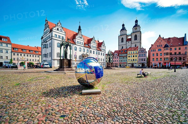 Market square with town hall, city church, town and parish church of St. Marien and globe with QR code for historical apps, Luther city Wittenberg, Saxony-Anhalt, Germany