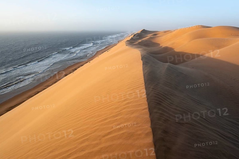 Sand dunes with wave patterns and sea in evening light, wind blowing sand across the dunes, Atlantic coast and sandy desert with sea of dunes, impressive desert landscape at sunset, Sandwich Harbour, Namib Naukluft Park, Namib Desert, Namibia