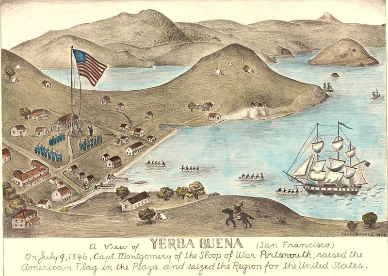 View of Yerba Buena, San Francisco, 1846, depicts the moment when Captain Montgomery from the Portsmouth sloop raised the American flag in the Plaza and took possession of the region for the United States. The scene shows the small settlement on the shores of the bay with mountains in the background and ships anchored, authentic, digitally restored reproduction of a 19th-century original, exact date of depiction unknown, historical