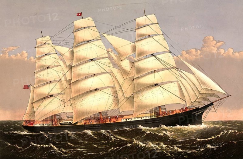 Lithographic print of the Three Brothers dump truck, originally the hull of the famous paddle steamer Vanderbilt, converted into a sailing ship. With a tonnage of 2, 972 tons, the Three Brothers was considered the largest sailing ship in the world at the time, authentic, digitally restored reproduction in high resolution from a 19th century original, exact date of depiction unknown, American history, historical
