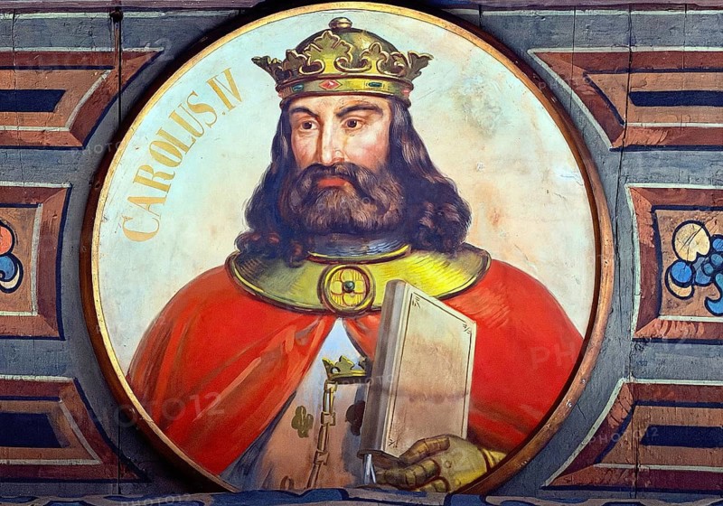 The wooden ceiling of the Upper Town Hall is painted with medallions of German emperors and kings, here Charles IV, Town Hall, Bremen, Germany