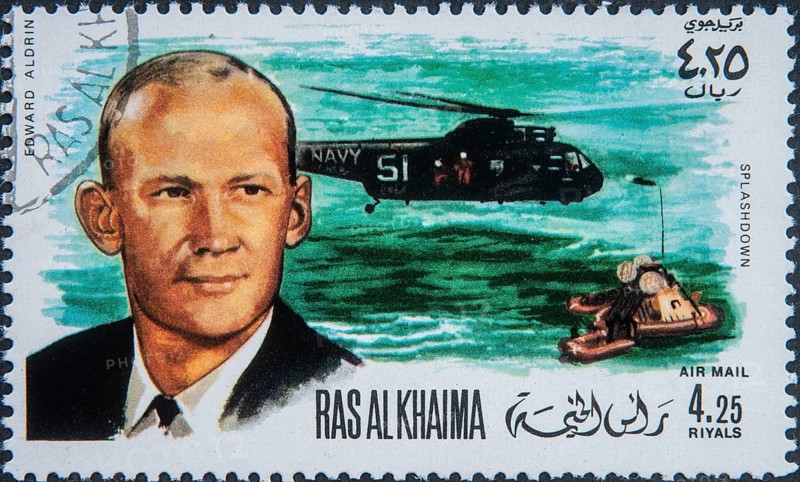 Edward Buzz Aldrin (1930–) is an American physicist and astronaut. He was one of the astronauts on the Apollo 11 mission, alongside Neil Armstrong and Michael Collins, and the second person to set foot on the lunar surface. Portrait on an UAR postage stamp