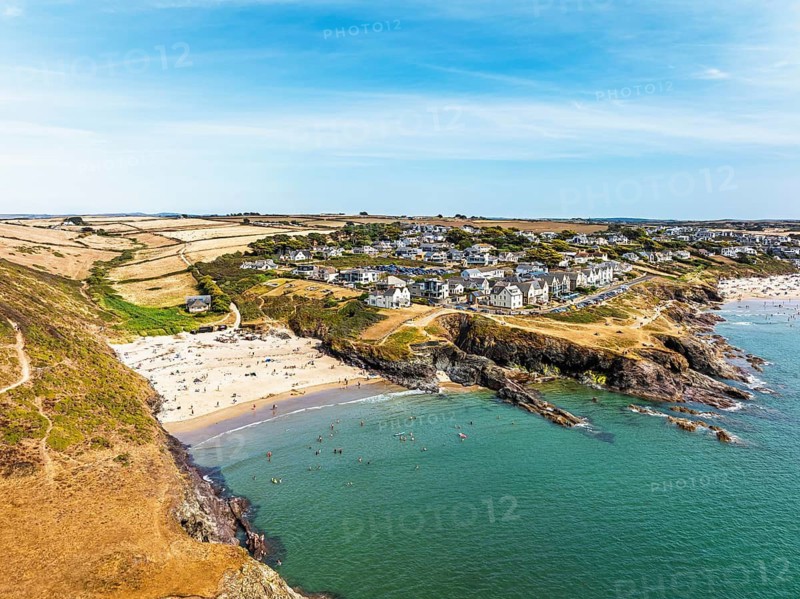 Polzeath Beach over Padstow Bay from a drone, Polzeath, Cornwall, England, Summer 2026