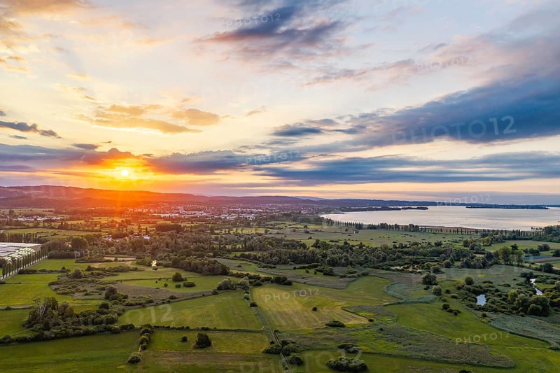 Morning atmosphere on Lake Constance. Sunrise in the Zeller Aachried nature reserve. aerial view. Radolfzell, Baden-Württemberg, Germany
