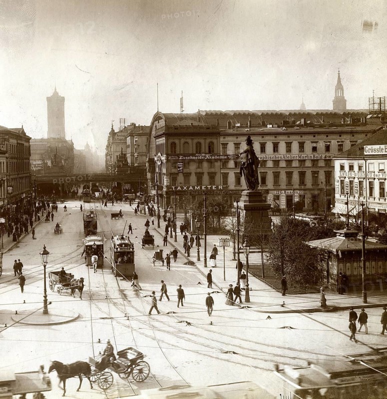 Berlin, Mitte, Alexander Platz, Berolina Standbil, railway station background, busy square with monument, people, horse-drawn carriages and trams in urban surroundings, Oskar Sparke, around 1908