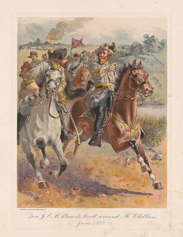 Cavalry raid by Confederate General James Ewell Brown Jeb Stuart during the American Civil War. In June 1862, with around 1, 200 horsemen, he circled the entire Union Army under General George B. McClellan to collect valuable military intelligence for General Robert E. Lee, American history, authentic, digitally restored reproduction in high resolution from a 19th century original, exact date of presentation unknown, historical