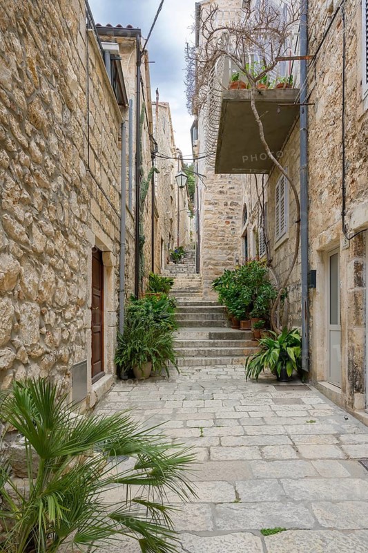 A quiet residential laneway with potted plants, in Hvar Town, Hvar Island, Croatia
