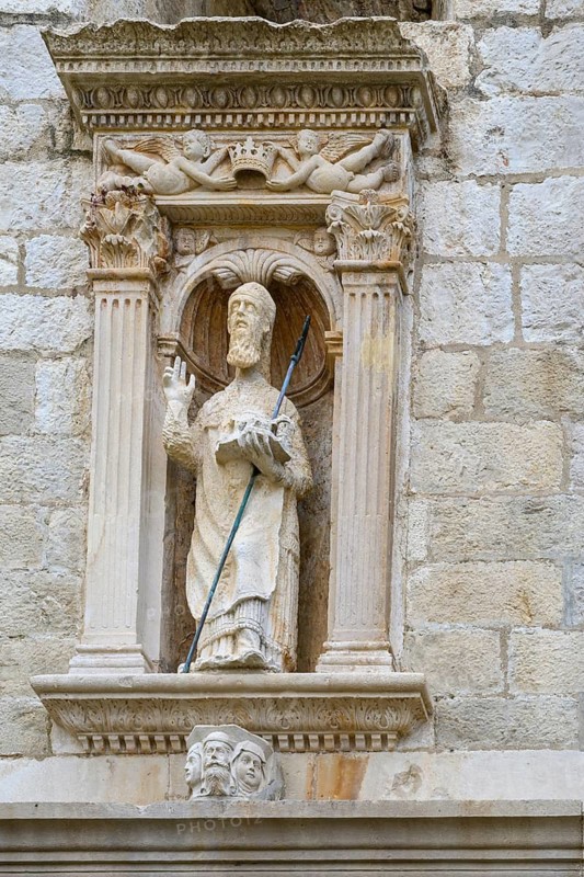 St. Blaise, the patron saint of Dubrovnik, holding a model of the city and standing within a decorative niche above the Pile Gate, Dubrovnick, Croatia