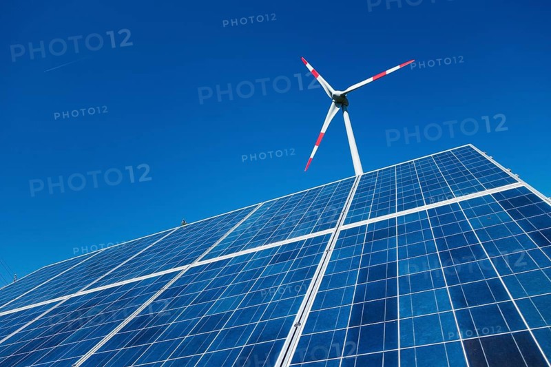 Composing from wind turbine, solar panels and high voltage pylon with power line