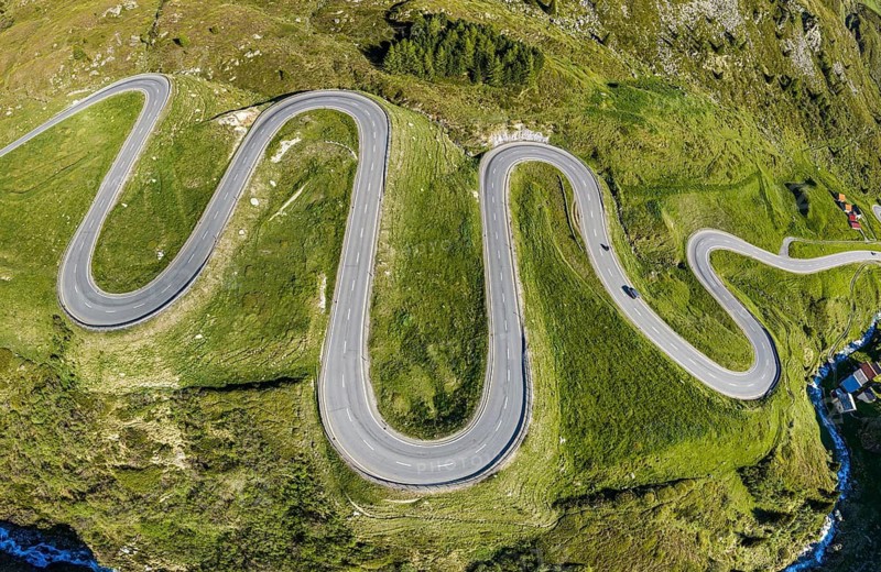 Winding curves of the Julier mountain pass, aerial view, Switzerland