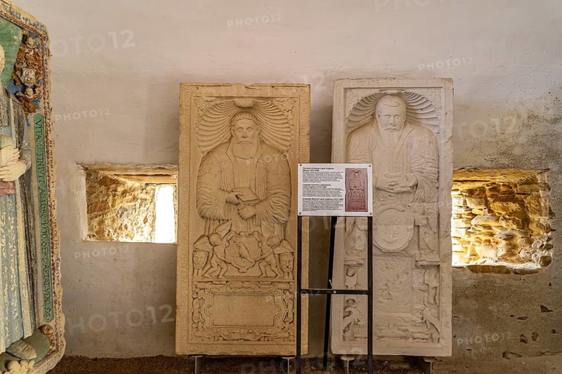 Tombstones of bishops in the fortified church of Biertan, UNESCO World Heritage Site in Biertan or Birthälm, Transylvania, Romania