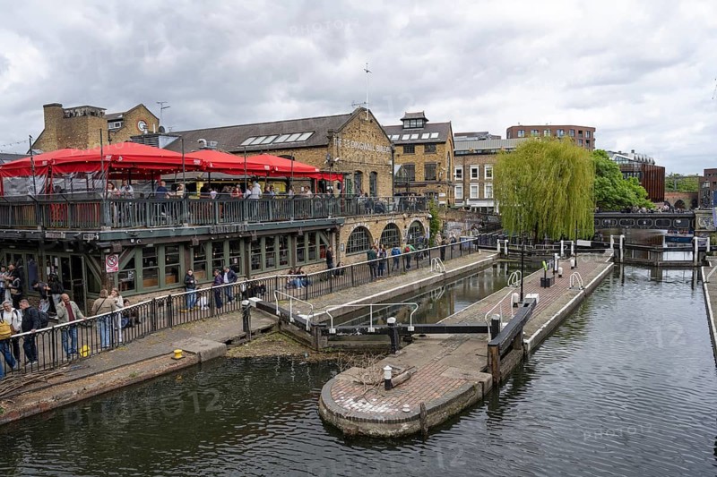 London, United Kingdom. April 17th 2026. Camden Lock on the Regents Canal, the location of Camden Market, popular with street food stalls, bars, restaurants and music venues, London, UK