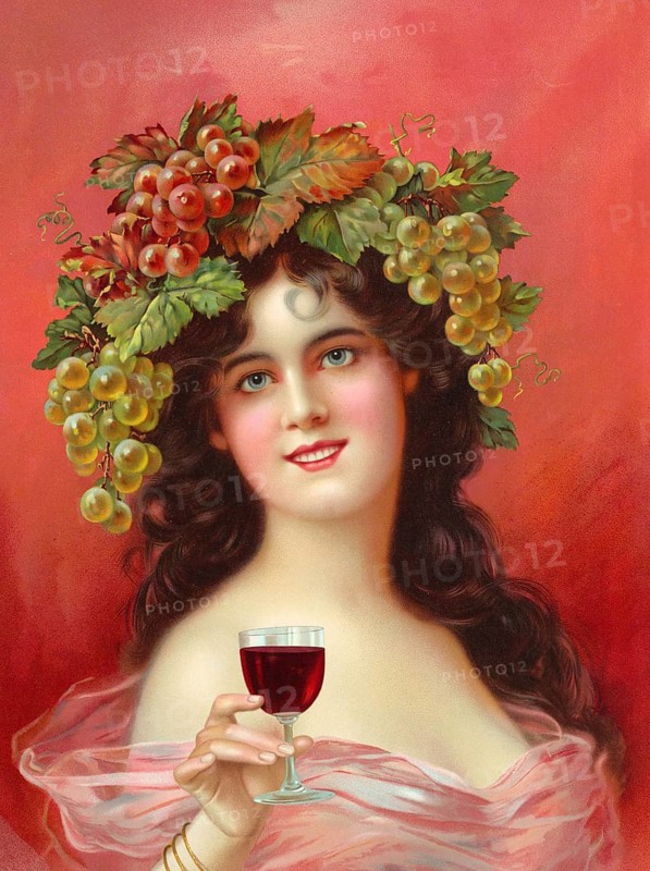 Advertising poster, beverage advertisement, lithograph from around 1900 depicting a woman with a grape crown and a glass of red wine, allegorical depiction of a young woman as a wine goddess or autumn goddess, authentic reproduction of a historical advertising poster, advertising sign, in high resolution