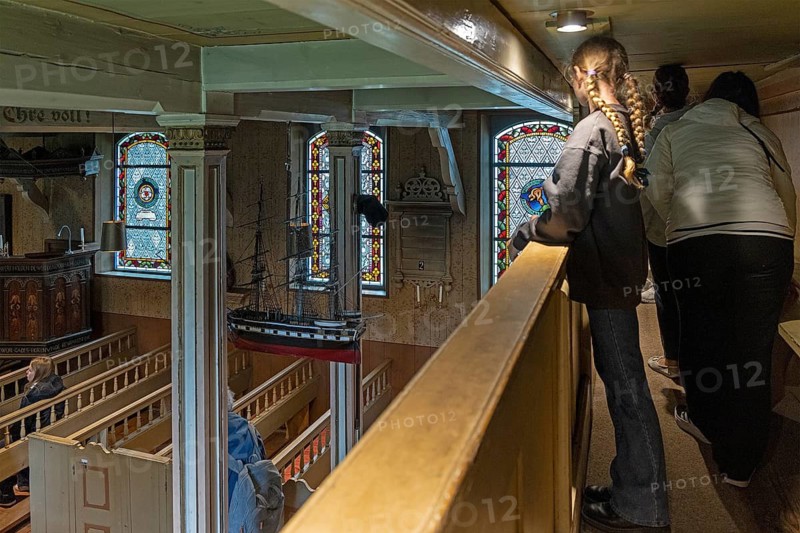 Interior view, visitor, Old Island Church, Spiekeroog, East Frisia, Lower Saxony, Germany