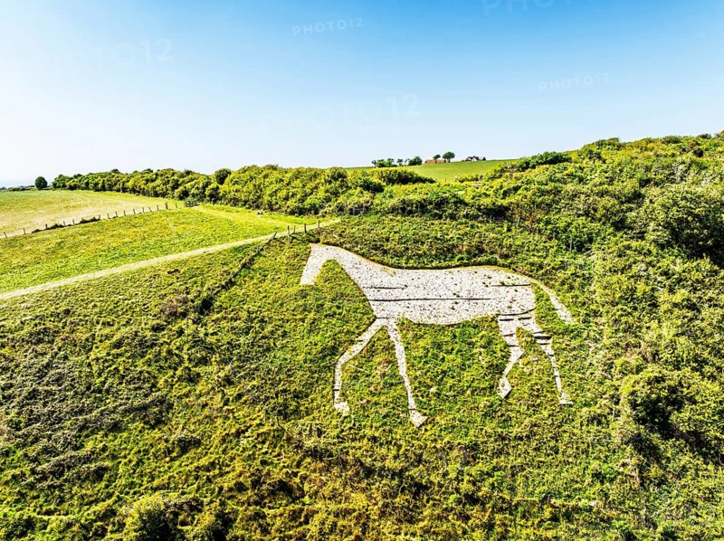 Litlington White Horse over Cuckmere Valley from a drone, Hindover Hill, South Downs, East Sussex, England, United Kingdom