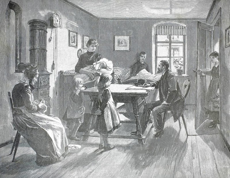 The census commissioner in the back house, 1870, scene shows an official numerator recording data for the census in Germany, authentic, high-resolution reproduction of a model from the 19th century, exact date of presentation unknown, historical