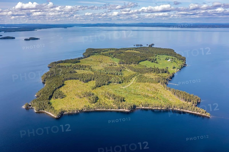 Aerial view over Verkön, island in Lake Storsjön in the Norderö district, Jämtland, Sweden, Scandinavia