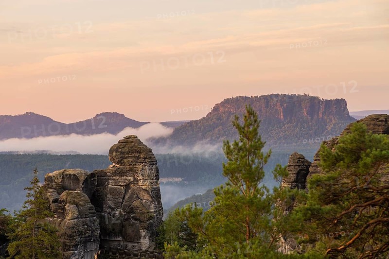 Sunrise on Basteifelsen, view from Ferdinandstein, Rathen, Saxony, Germany