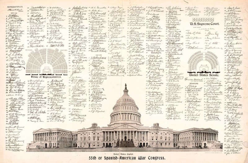 United States Capitol during the 55th Congress.The image contains signatures and lists of members of the House of Representatives and the Senate. It is a document from the time of the Spanish-American War, authentic, digitally restored reproduction from a 19th-century original, exact date of presentation unknown, historical